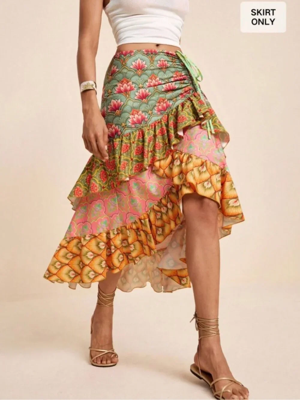 Green Floral Print Ruffle Trim High-Low Midi Skirt